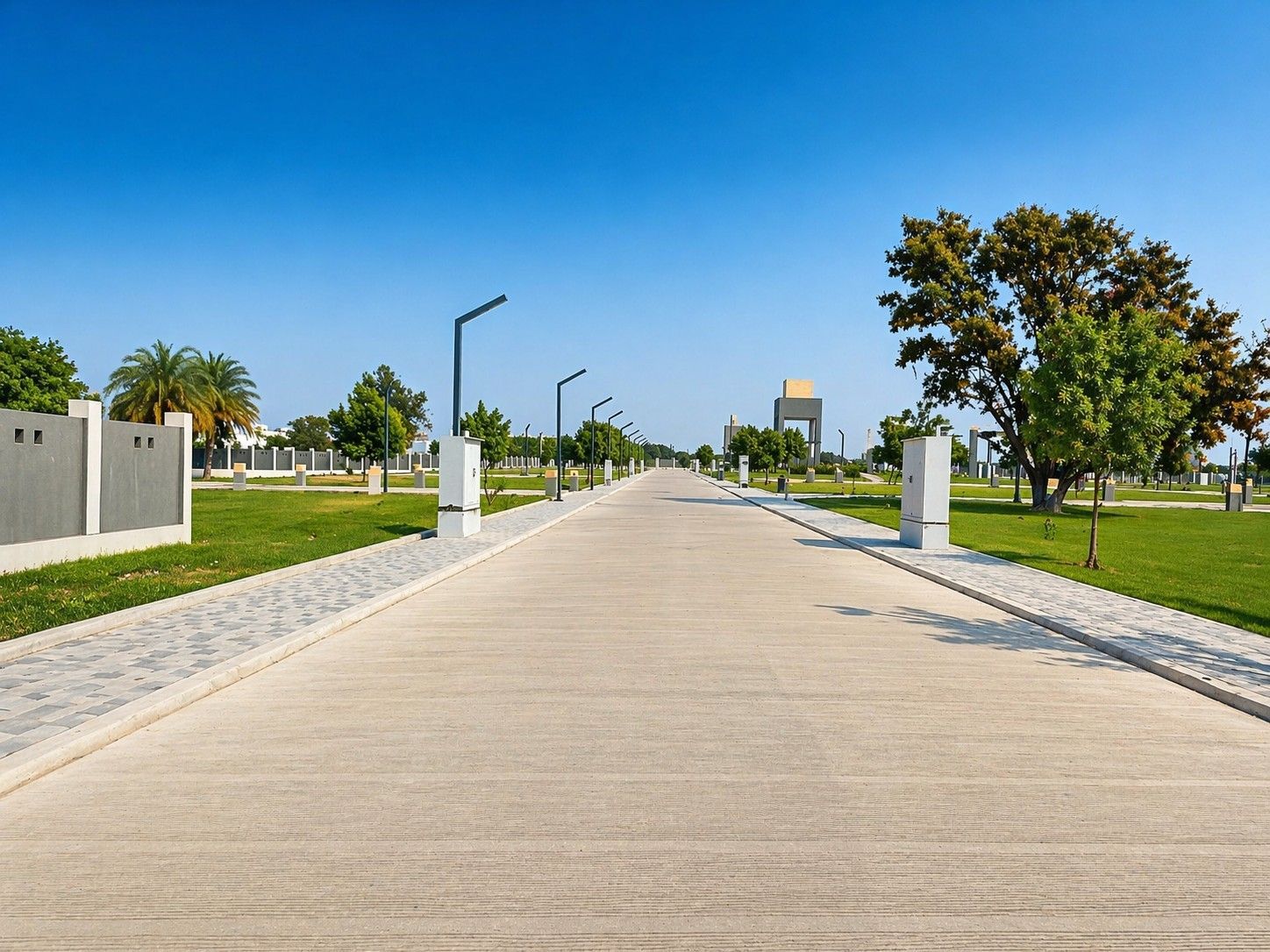 Long internal avenue with street lights, paved edging and green lawns